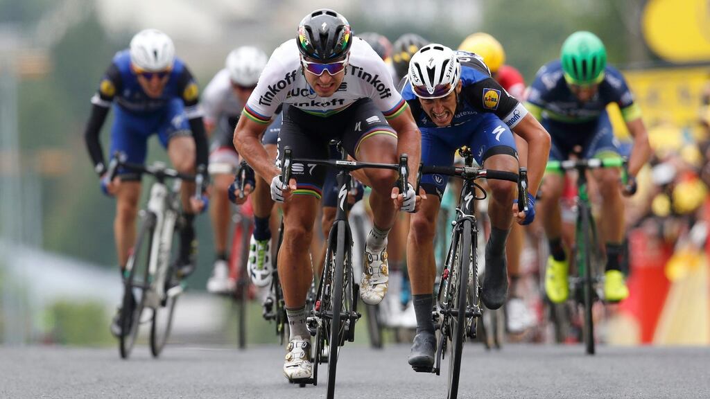 Peter Sagan won the yellow jersey for the first time in the second stage of the Tour de France. Photograph: Reuters