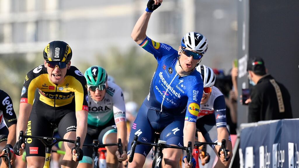 Ireland’s Sam Bennett celebrates as he crosses the finish line to win the fourth stage of the UAE tour, a sprint stage in Al Marjan Island, in Abu Dhabi. Photo: Fabio Ferrari/LaPresse via AP