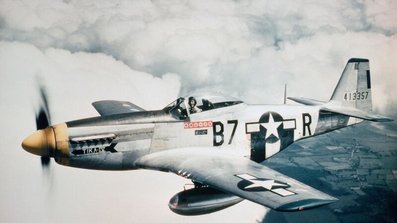 Lt Vernon R Richards of the 361st Fighter Group flying his P-51D Mustang nicknamed Tika IV during a bomber escort mission in 1944. Photograph: IWM/PA