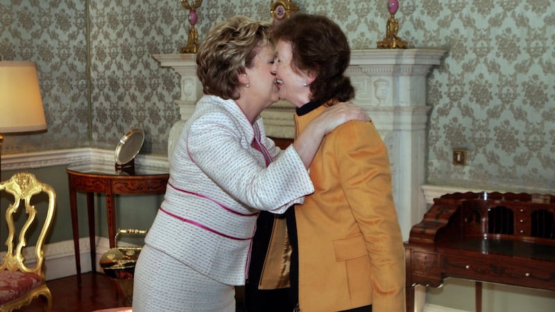 Former president Mary McAleese and her predecessor Mary Robinson at Áras an Uachtaráin. Photograph: Matt Kavanagh/The Irish Times