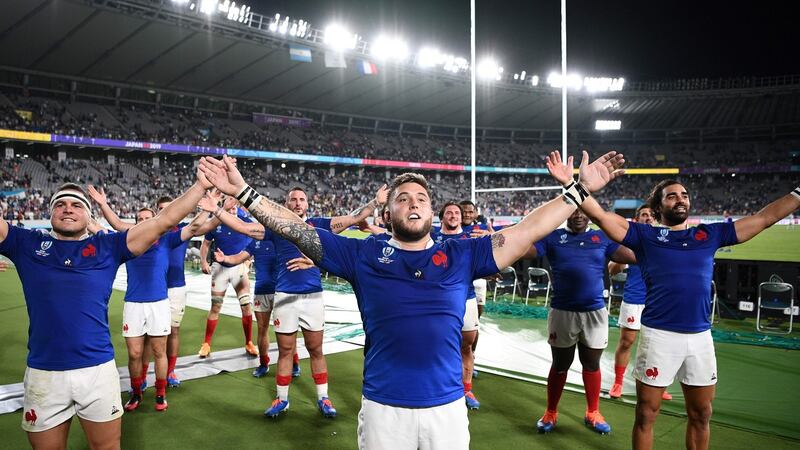 France’s players celebrate after winning the match against Argentina. Photograph: Franck Fife/Getty Images
