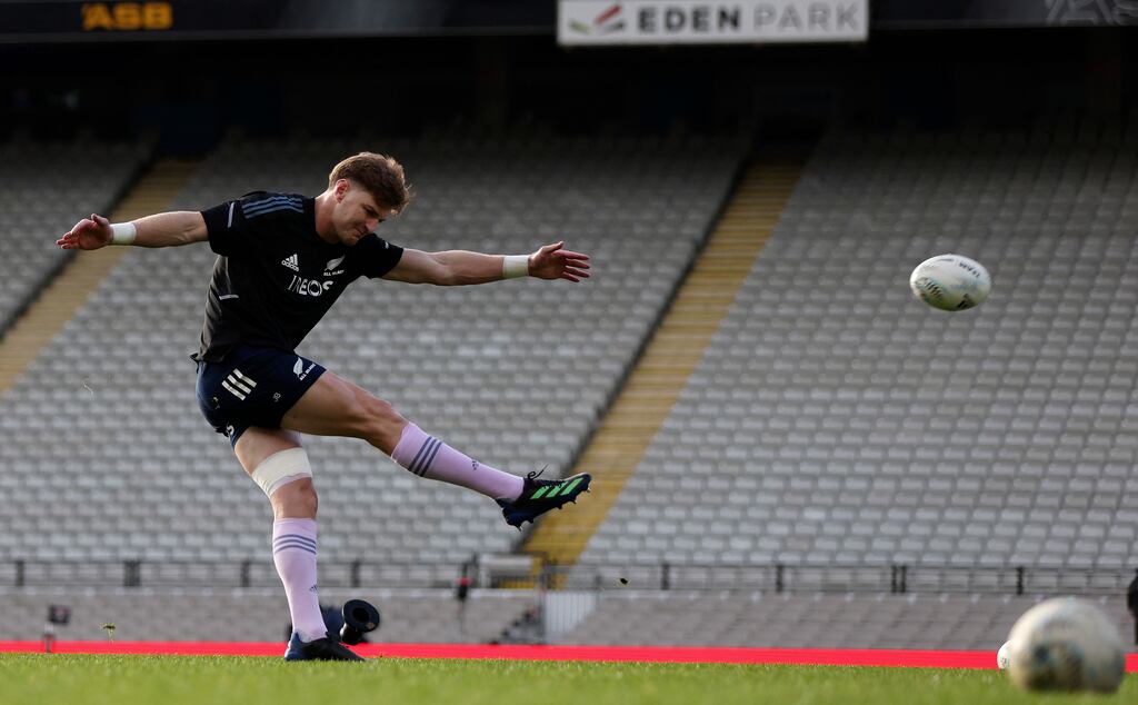 New Zealand's Jordie Barrett kicks the ball during the captains run at Eden Park. Photograph: Michael Bradley/AFP via Getty