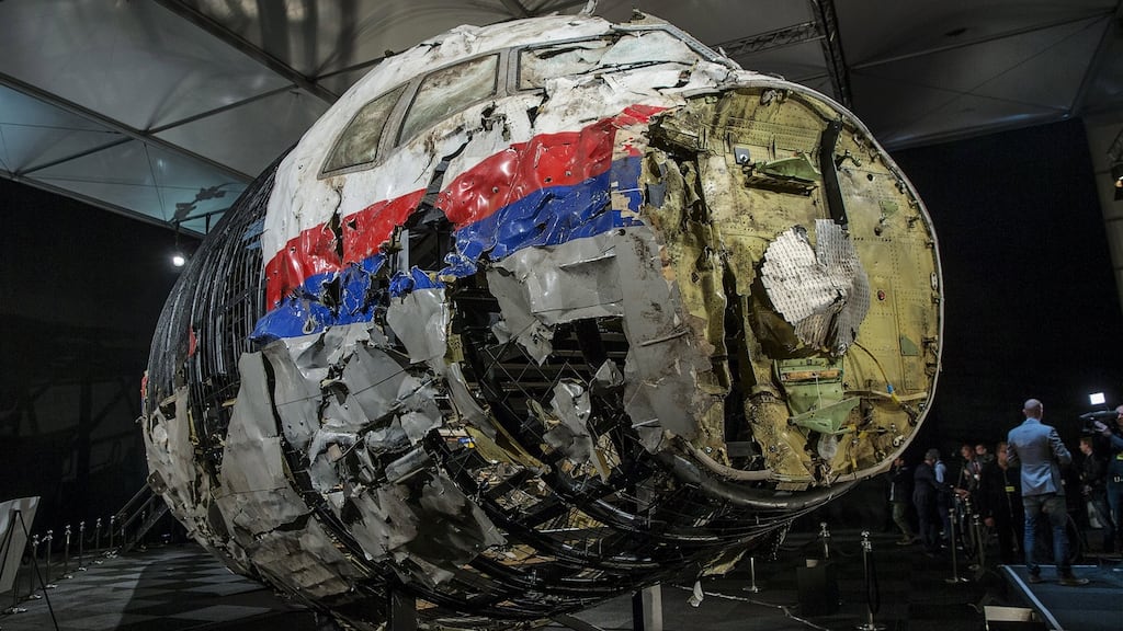 The reconstructed wreckage of the Malaysian Airlines Boeing 777, which was shot down over Ukraine in July. Photograph: Michael Kooren/Reuters