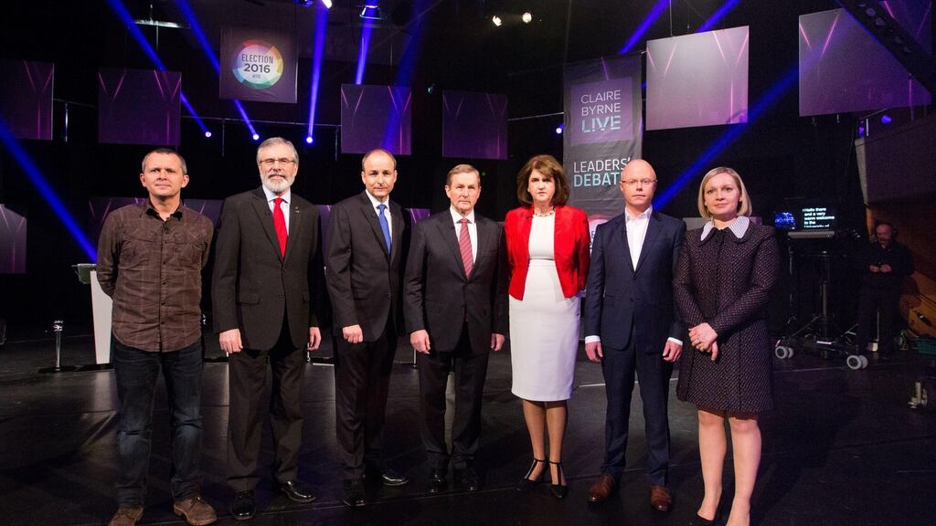 Richard Boyd Barrett, Gerry Adams, Micheál Martin, Taoiseach Enda Kenny, Tánaiste Joan Burton, Stephen Donnelly, and Lucinda Creighton at the RTÉ Claire Byrne Live Leaders’ Debate. Photograph: FusionShooters.