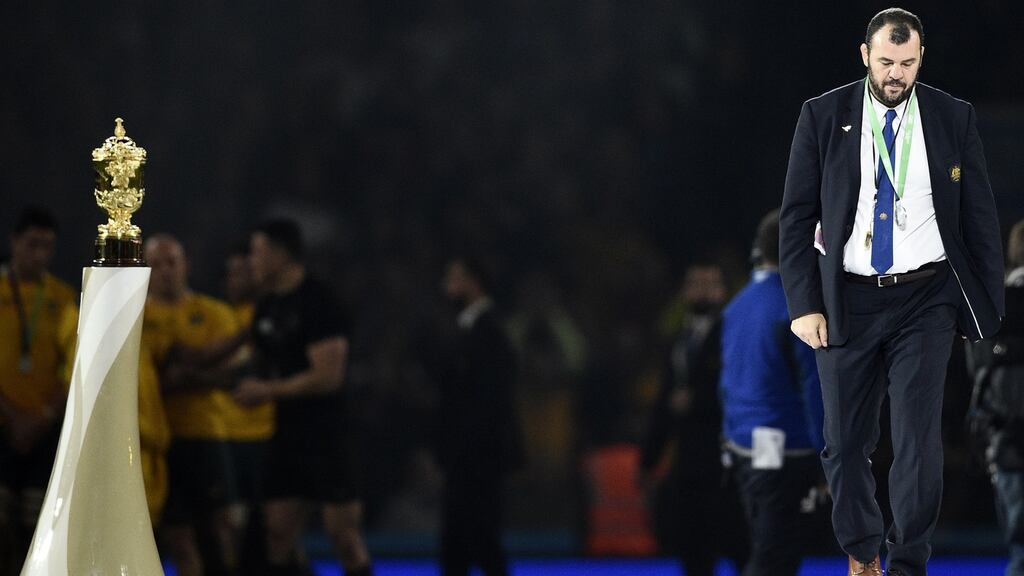 So close: Australia’s head coach Michael Cheika walks past the the Webb Ellis Cup after Saturday’s final. Photograph: Franck Fife/AFP/Getty Images
