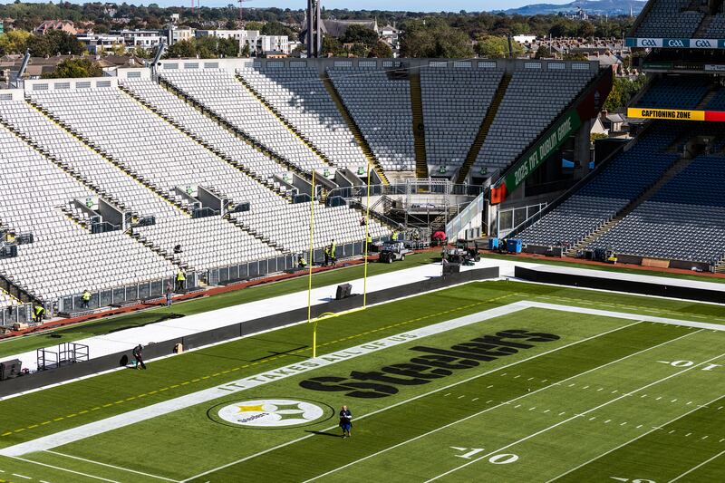 NFL Health & Safety Tour of Croke Park Ahead of Pittsburgh Steelers vs Minnesota Vikings 25/9/2025
A view of Steelers painted on the Croke Park pitch ahead of Sunday’s game
Mandatory Credit ©INPHO/Laszlo Geczo