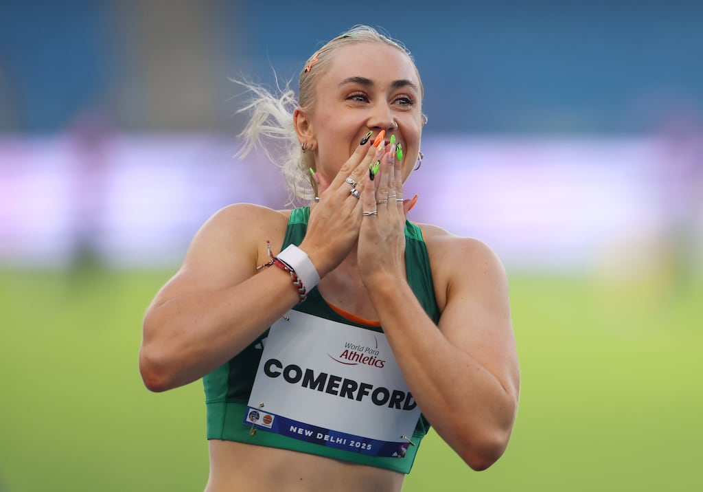 Ireland's Orla Comerford celebrates winning the women's 100m T13 final at the World Para Athletics Championships in New Delhi. Photograph: Dean Mouhtaropoulos/Getty Images