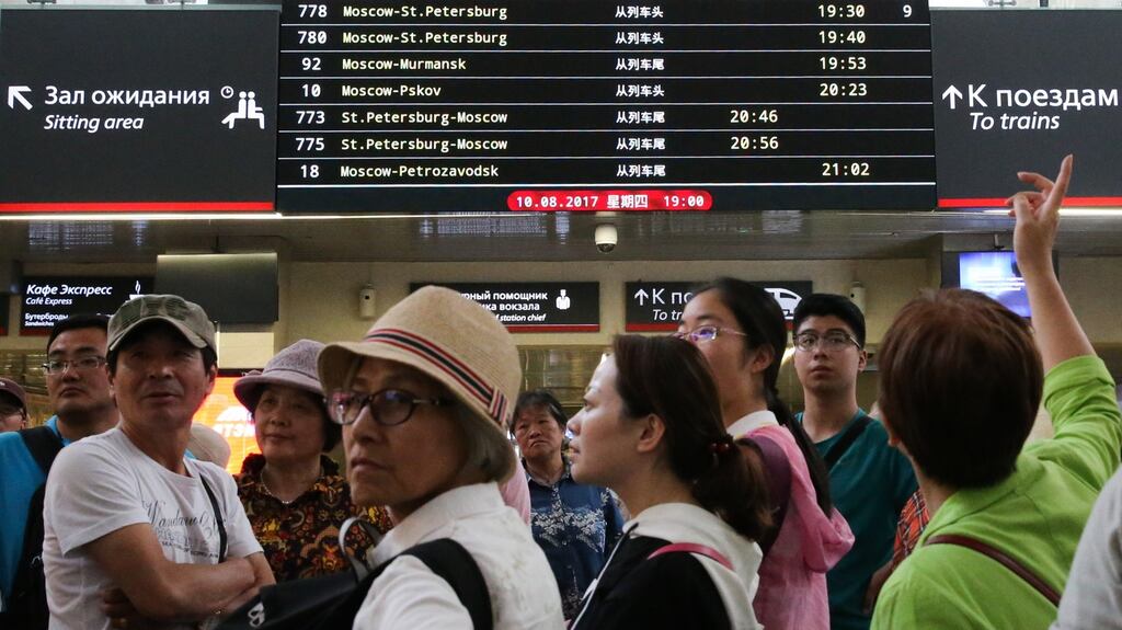 Signage in Cyrillic, English and Chinese at Leningradsky Railway Station in Moscow as part of preparations for the 2018 Fifa World Cup in Russia. File photograph: Anton Novoderezhkin/Getty Images)