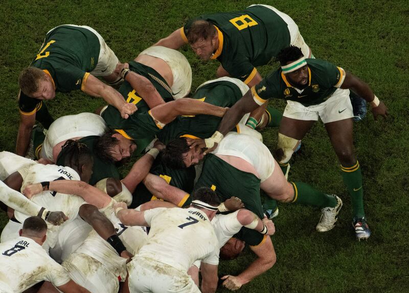 South Africa's Duane Vermeulen and Siya Kolisi react after a scrum during the Rugby World Cup semi-final match between England and South Africa. Photograph: Antonin Thuillier/AFP via Getty Images