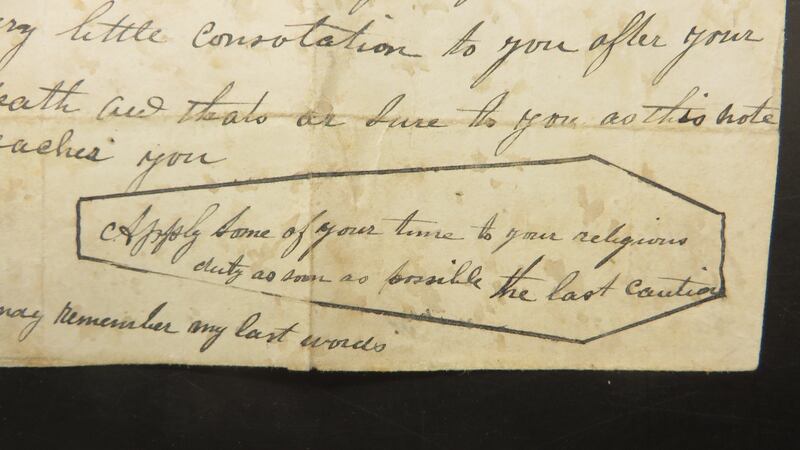 Coffins were the most popular images in threatening letter art, no doubt because they were easy to draw with a nib and Indian ink. Frequently, there was a separate written message within the coffin. (Courtesy of the National Archives of Ireland)