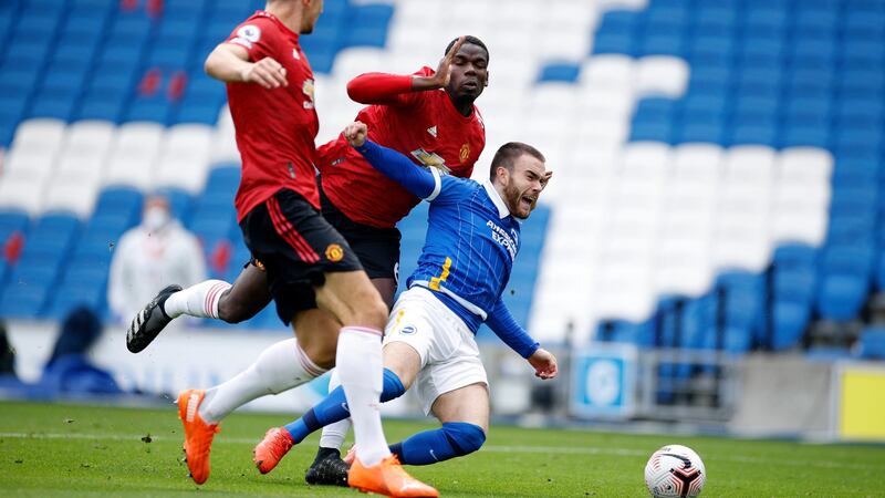 Aaron Connolly wins a penalty for Brighton which was later overturned by VAR. Photograph: John Sibley/PA