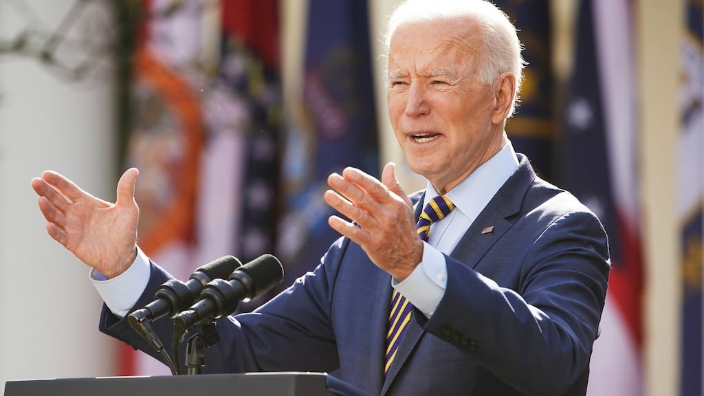 US President Joe Biden comments on the American Rescue Plan at the Rose Garden of the White House in Washington DC, earlier this month. Photograph: Jim Lo Scalzo/Pool/EPA