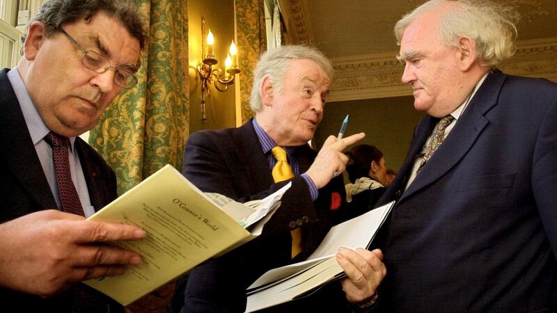 Ulick O’Connor (centre) in conversation with the writer Tim Pat Coogan at the launch of The Ulick O’Connor Diaries by John Hume in Dublin in 2001. Photograph: Frank Miller