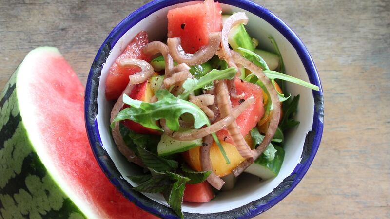 Watermelon, nectarine and pink onion salad
