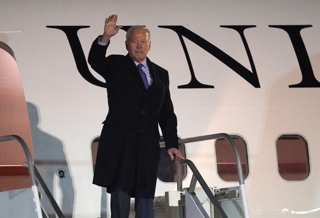 US president Joe Biden boards a plane to leave Ireland West Airport Knock, in County Mayo, on the last day of his visit to the island of Ireland on Friday. Photograph: PA .