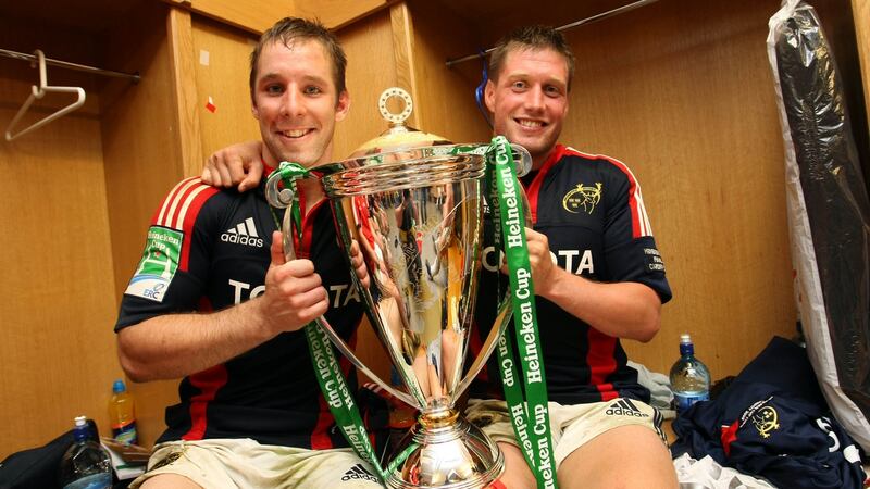 O’Leary and Ronan O’Gara in the changing room with the Heineken Cup trophy in 2008. Photo: Billy Stickland/Inpho