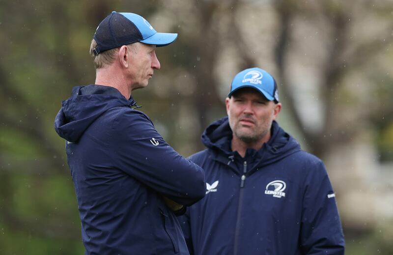 Leo Cullen and Jacques Nienaber at a Leinster training session in UCD. Photograph: Tom Maher/Inpho