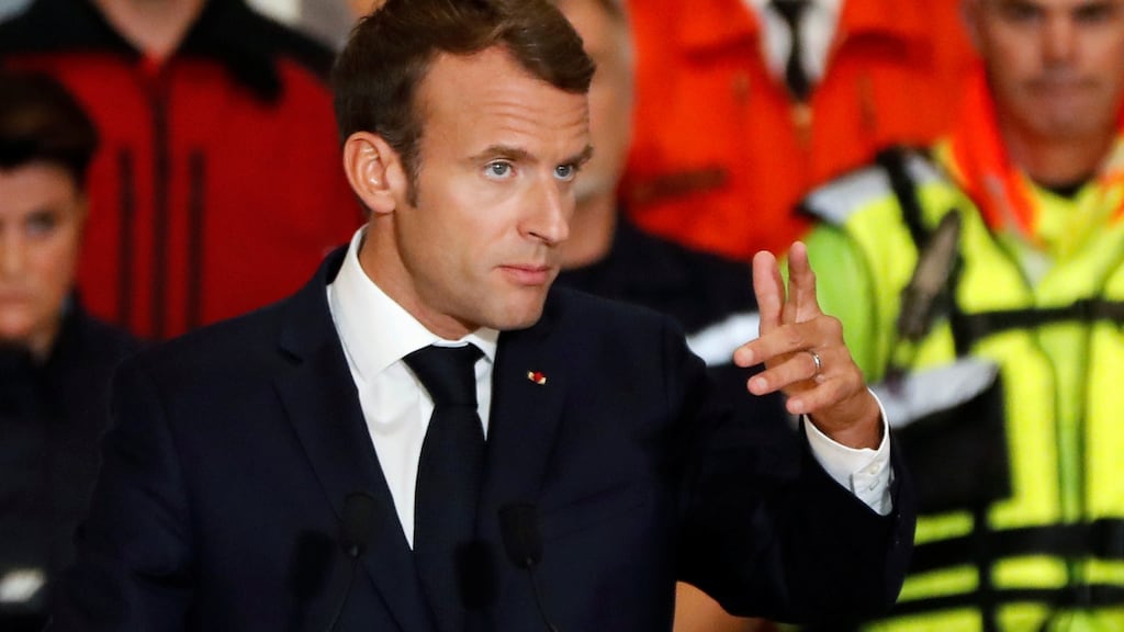 French president Emmanuel Macron meets  local  residents, officials and emergency services during a visit to  the Aude department in Villalier on Monday, where 14 people died in flash floods. France October 22, 2018. Photograph: Guillaume Horcajuelo/Pool via Reuters