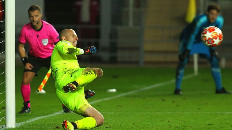 Dundalk goalkeeper Gary Rogers saves a penalty from Faith Friday Obilor of FC Sheriff Tiraspol during the penalty shoot-out at the Stadionul Sheriff in Tiraspol, Moldova. Photograph: Aleksandar Djorovic/Inpho