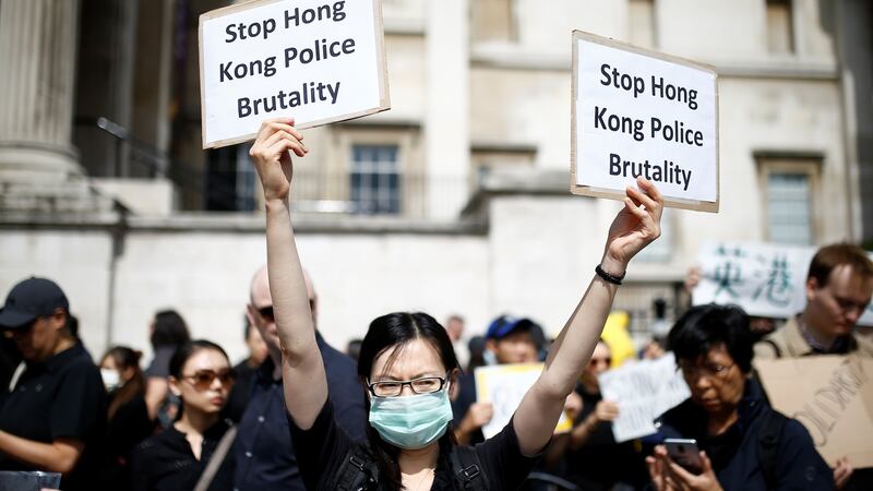 Supporters of the Hong Kong protests demonstrate in central London on Satuday. Photograph: Henry Nicholls/Reuters