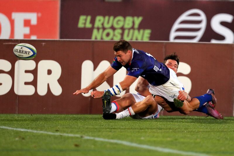 Namibia's Johan Deysel (Front) is tackled during a rugby union friendly match between Chile and Namibia at the Elias Figueroa Stadium. Photograph: Javier Torres/AFP via Getty