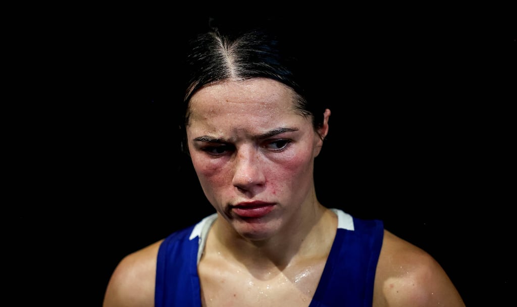 A dejected Daina Moorehouse after the judges awarded her French opponent Wassila Lkhadir the win in the Women's 50kg Round of 16 bout at the North Paris Arena. Photograph: Ryan Byrne/Inpho