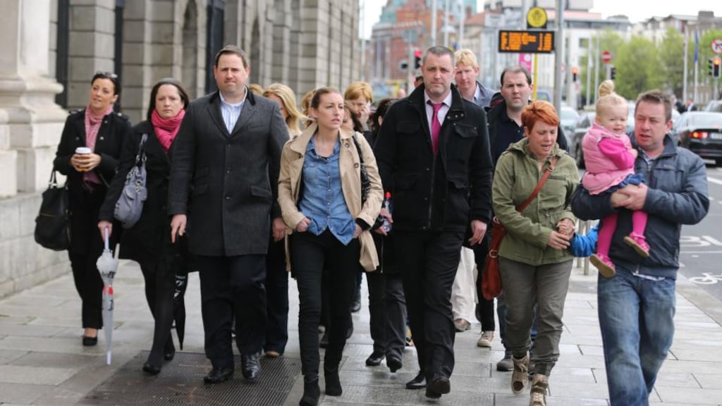 Some of the residents of Priory Hall pictured arriving at The Four Courts todayfor a Supreme Court hearing which was adjourned. Photograph: Collins Courts