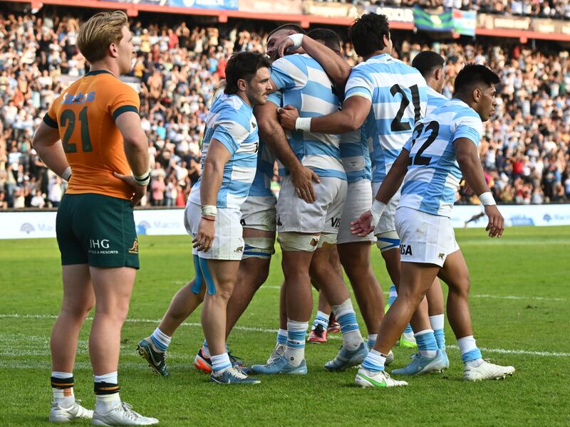 Argentina players celebrate during their record-breaking demolition of Australia in Sante Fe earlier this month. Photograph: Luciano Bisbal/Getty Images