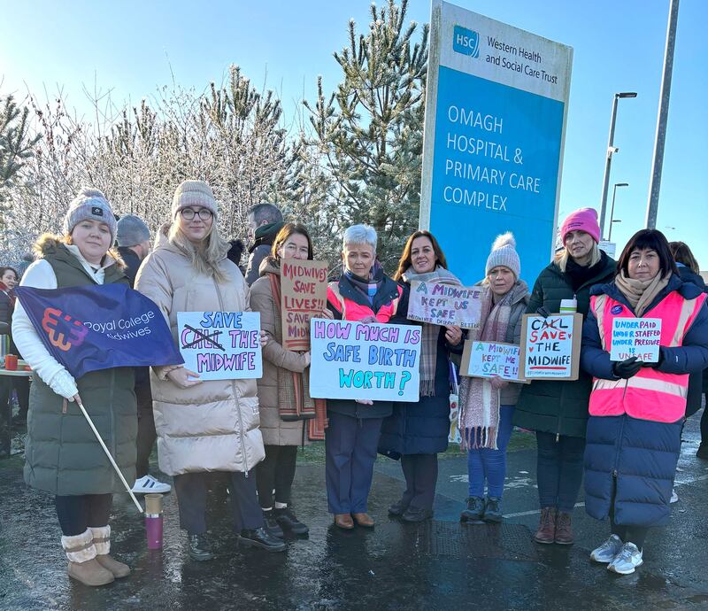 Midwives based at Omagh Hospital on strike on Thursday. Photograph: Cate McCurry/PA Wire