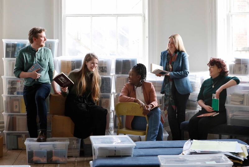 Poetry Ireland has announced the five recipients of I bhFad i gCéin, a programme of international residencies based in five cities across the globe funded by the Arts Council. The recipients are, from left, James Conor Paterson, Molly Twomey, Nithy Kasa, Liz Houchin and Roisin Kelly. Photograph: Mark Stedman