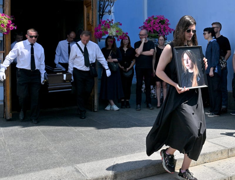 The funeral of  Victoria Amelina in Kyiv in July. Dr von der Leyen told the story of Amelina, a young Ukrainian writer who was considered one of the country’s most promising voices in literature before she was killed by a Russian missile strike on a pizza restaurant in Kramatorsk. Photograph: Sergei Supinsky/AFP via Getty Images