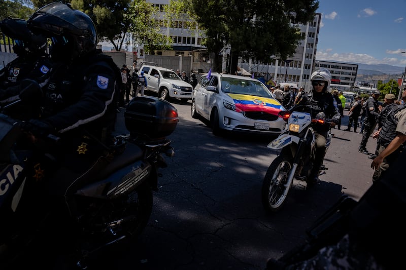 A hearse carries the body of the assassinated presidential candidate Fernando Villavicencio from a morgue in Quito, Ecuador, on Thursday. Photograph: Johanna Alarcón/New York Times
