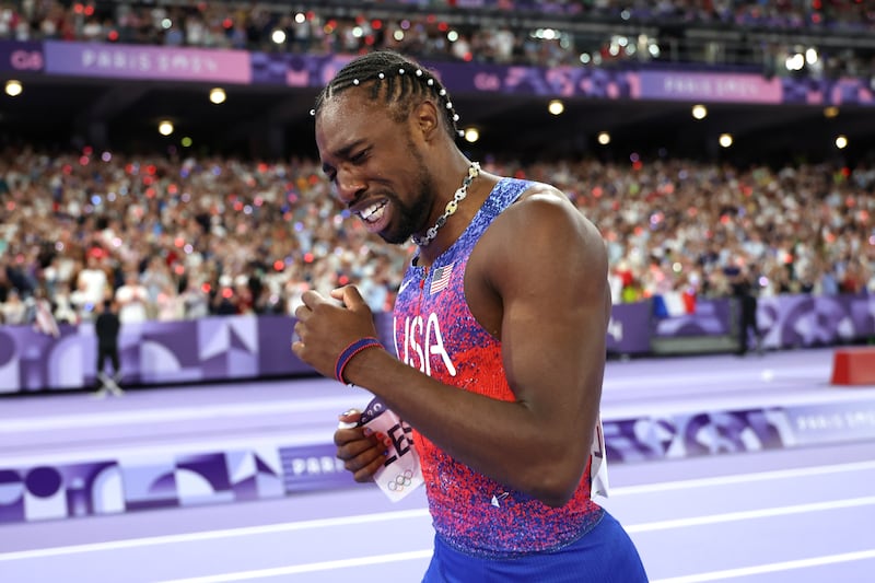 Noah Lyles of Team United States celebrates winning the gold medal after the Men's 100m Final at the Paris Olympics on August 4th. Photograph: Christian Petersen/Getty Images