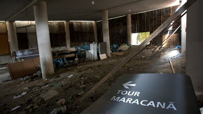 This February 2nd, 2017 photo shows the inside of Maracana stadium in Rio de Janeiro, Brazil. The stadium was renovated for the 2014 World Cup at a cost of about $500 million, and largely abandoned after the Olympics and Paralympics, then hit by vandals who ripped out thousands of seats and stole televisions. Photo: Silvia Izquierdo/AP