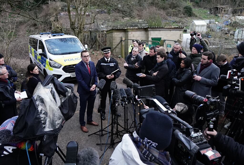 Detective Superintendent Lewis Basford (left) and Superintendent James Collis speaking to the media on Tuesday outside Roedale Valley Allotments, West Sussex, where an urgent search operation is underway to find the missing baby of Constance Marten, who has not had any medical attention since birth in early January. Photograph: PA