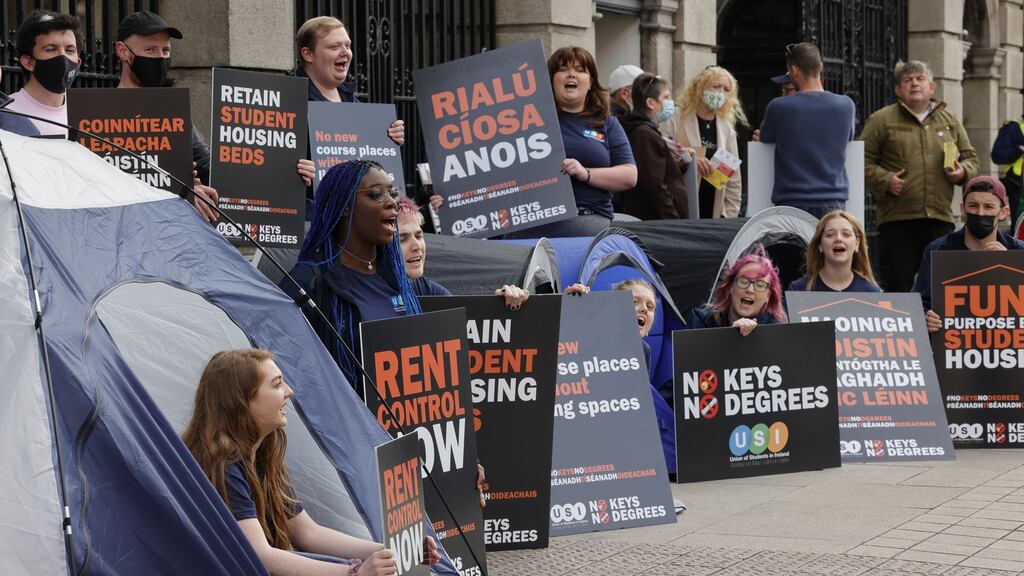 Members of the Union of Students in Ireland protesting outside the Dáil to urge the Government to take action on the student accommodation crisis. Photograph: Alan Betson
