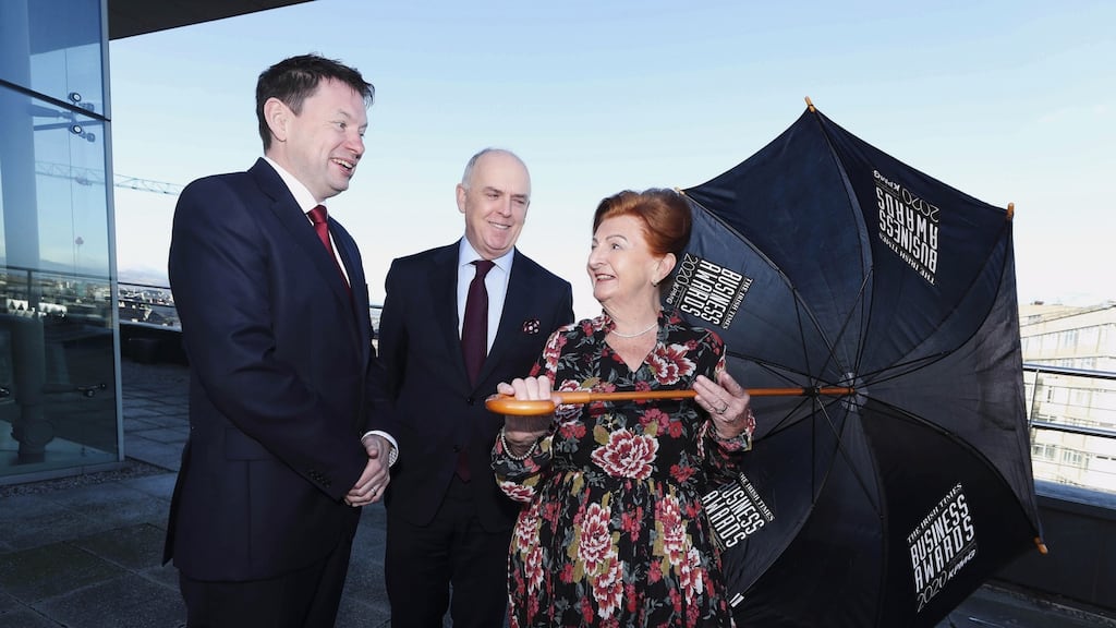 Pictured in March at the original launch of The Irish Times Business Awards 2020, in association with KPMG, were Séamus Hand, Managing Partner KPMG, Liam Kavanagh, The Irish Times Managing Director, and Breege O’Donoghue, winner of the Distinguished Leader in Business award in 2019. Photograph: Conor McCabe