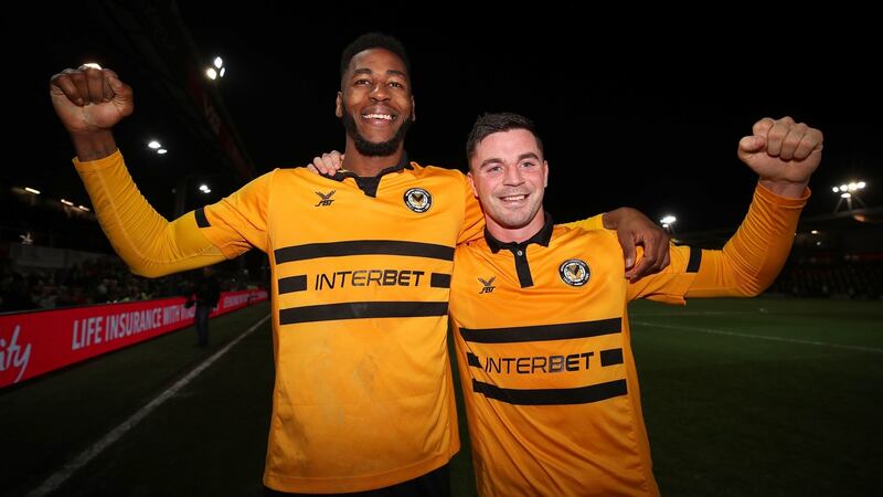 Newport County goalscorers Jamille Matt and Padraig Amond. Photograph: Nick Potts/PA
