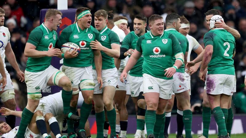 Ireland’s CJ Stander celebrates scoring a try against England in their final Six Nations match at Twickenham on Saturday. Photograph: Bryan Keane/Inpho