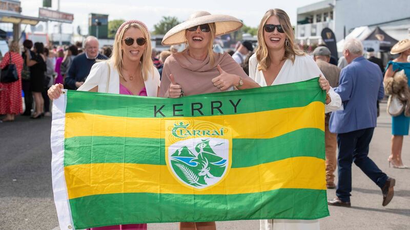 Dr Siobhan Griffin, Seana Quane and Muireann Quane from Ballybunion show their support for Kerry footballers during ladies day at the Listowel Races. Photograph: Domnick Walsh/Eye Focus