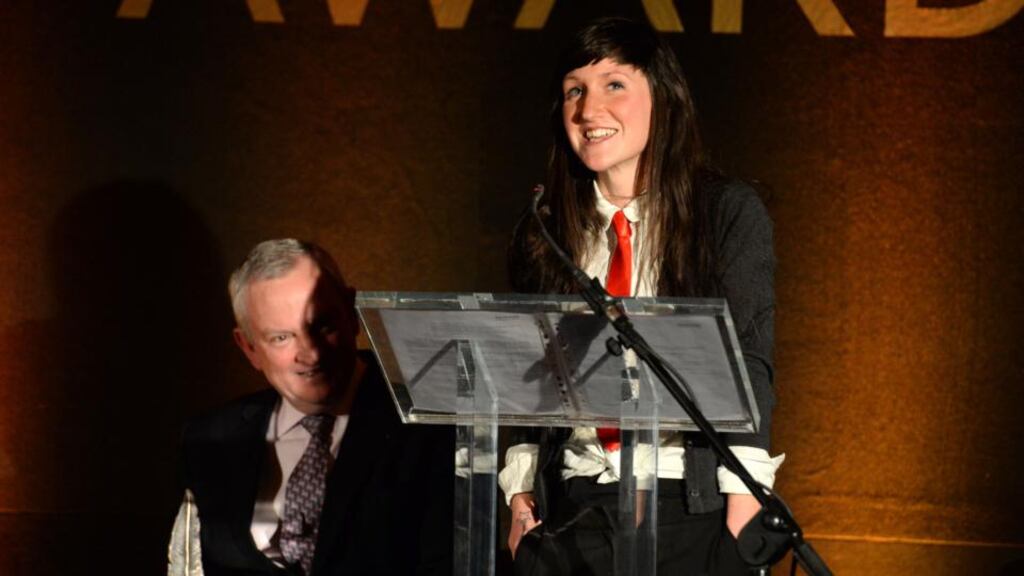 Sara Baume, overall winner and Jean Michel Cochet, Ambassador de la Maison Hennessy, at the 44th Annual Hennessy Literary Awards. Photograph: Dara Mac Dónaill / The Irish Times
