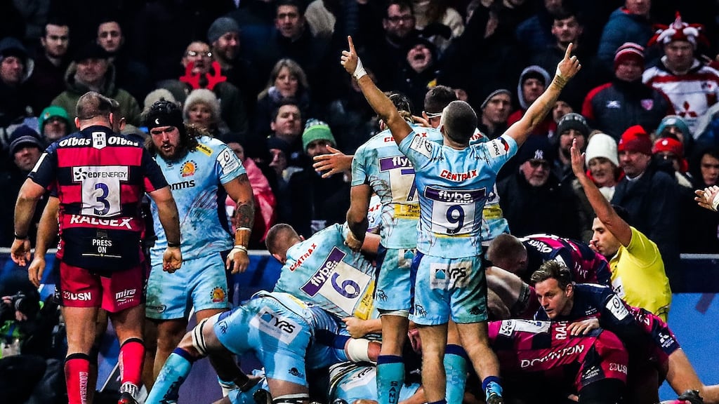 Exeter’s bonus-point win away to Gloucester keeps their European campaign alive. Photograph: Tommy Dickson/Inpho