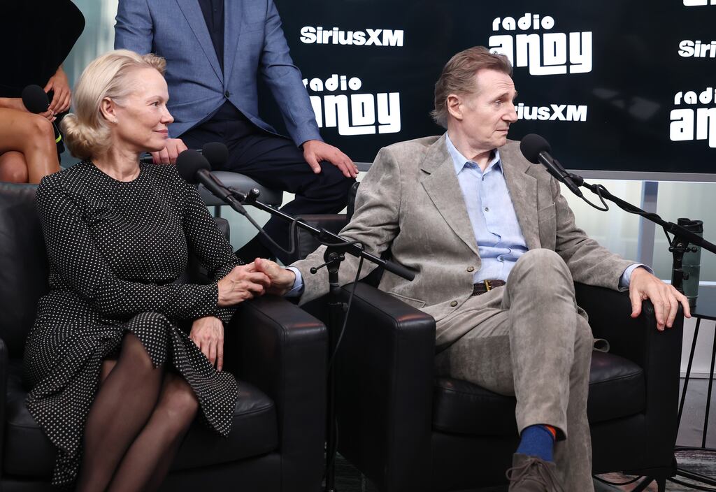 Romantically linked? Pamela Anderson and Liam Neeson on a radio show in New York last month. Photograph: Cindy Ord/Getty