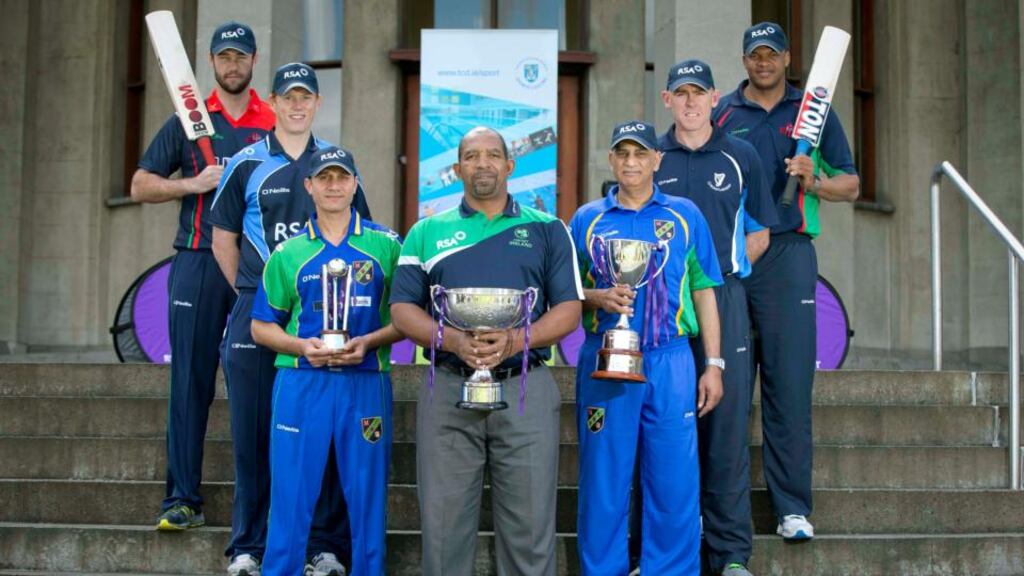Ireland senior coach Phil Simmons (centre) with coaches and players of the three sides taking part in the RSA Inter-Provincial Series. Photograph: Morgan Treacy/Inpho