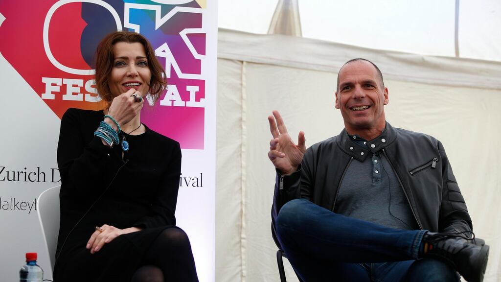 Greece’s former minister for finance Yanis Varoufakis and novelist Elif Shafak at the Zurich Dalkey Book Festival in June. He was a “disaster” as finance minister, said academic Bridget Laffan. Photograph: Conor McCabe