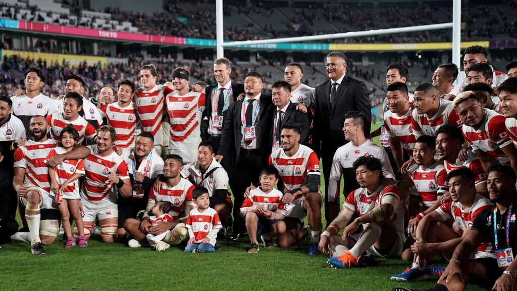 Japan’s players and staff after their Rugby World Cup quarter-final defeat to South Africa. Photograph: Kimimasa Mayama/EPA