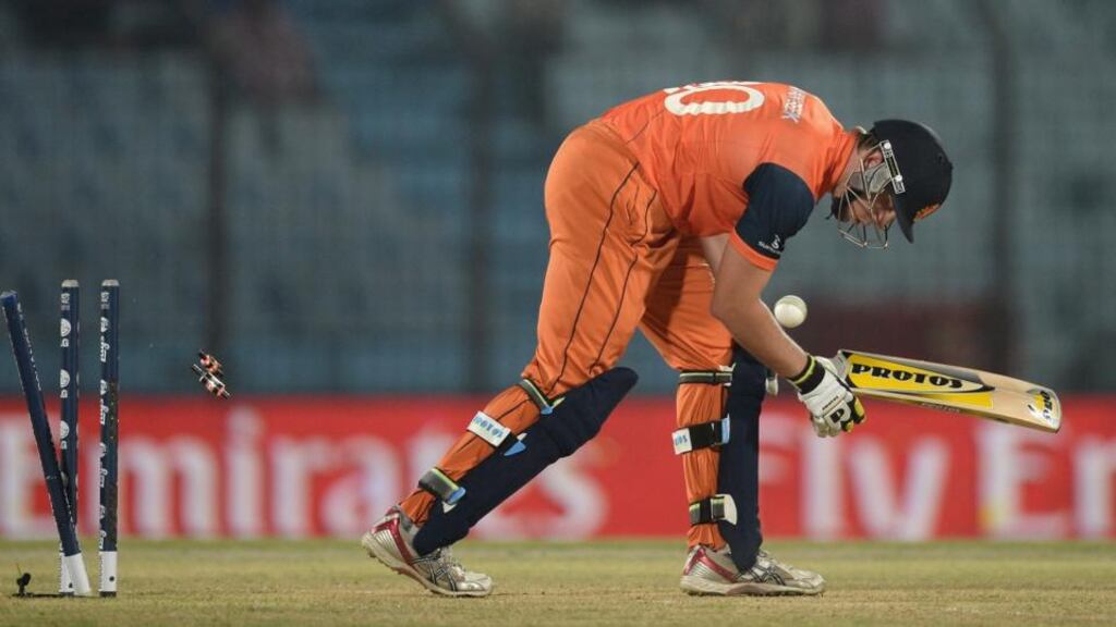 Logan van Beek of the Netherlands is bowled by Lasith Malinga of Sri Lanka. Photograph: Gareth Copley/Getty Images