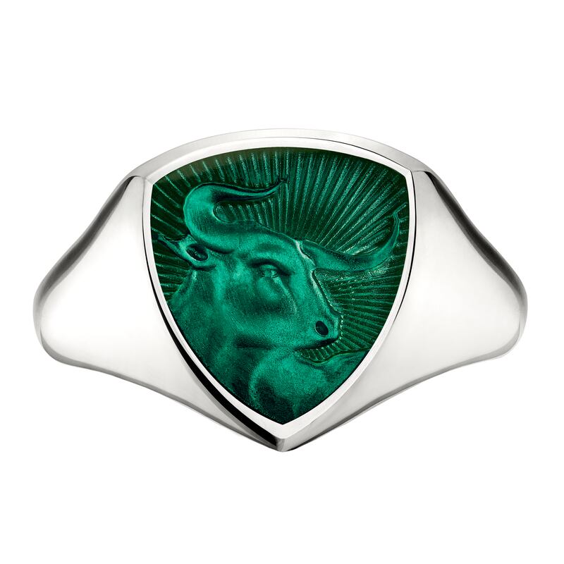 Signum Collection ring in white gold Bull Forrest enamel face by Shaun Leane