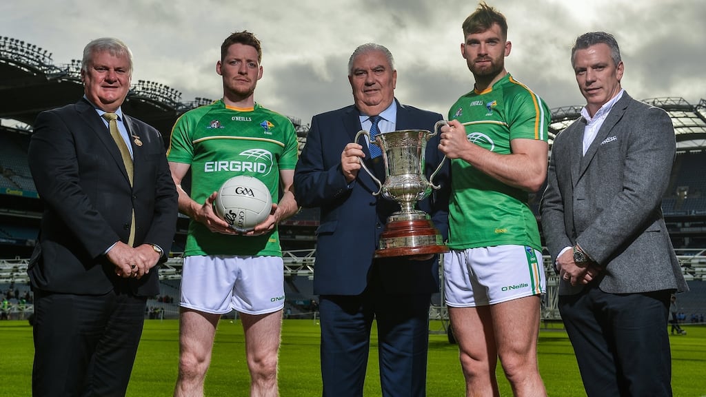GAA president Aogán Ó Fearghail, Ireland vice-captain Conor McManus, Ireland manager Joe Kernan, Ireland captain Aidan O’Shea, and selector Pádraic Joyce at Croke Park.  Photograph:  Piaras Ó Mídheach/Sportsfile