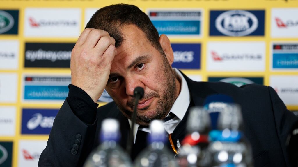Australia head coach Michael Cheika dejected at the post-match press conference at ANZ Stadium, Sydney, after his side were beaten by the All Blacks. Photograph: David Neilson/Inpho